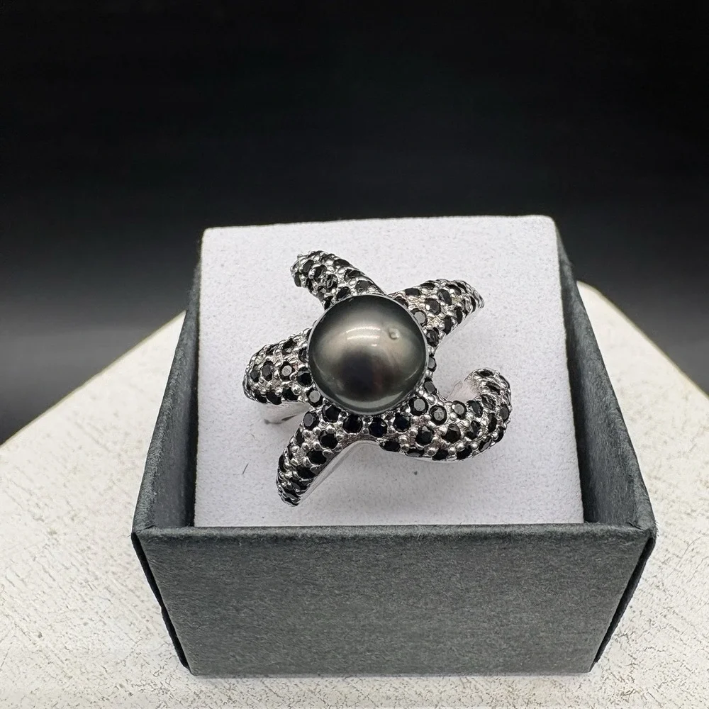 Ww Starfish Ring Women 7.5 Silver Excellent Black Spinel Pearl Statement 925